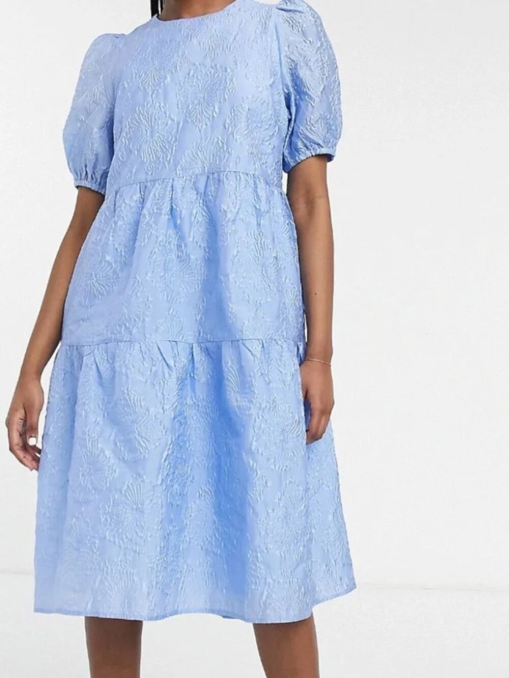 Y.A.S blue embossed tiered mini dress